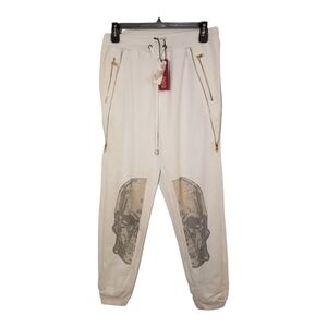 Men's Drawstring Elastic Waist Joggers with Sequin Skull Knee Patches